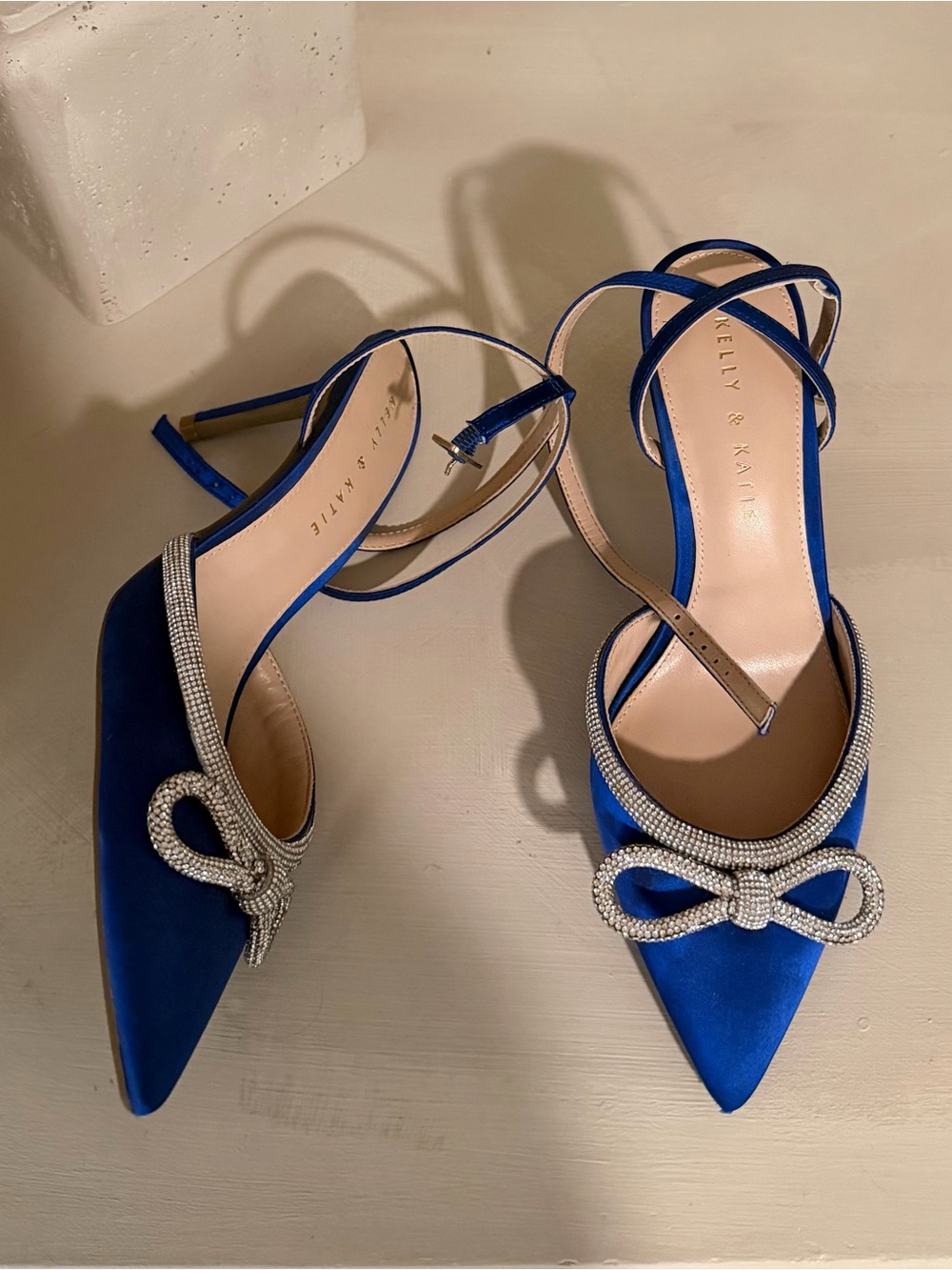 Royal Blue Satin Pointed Heels with Crystal Bow